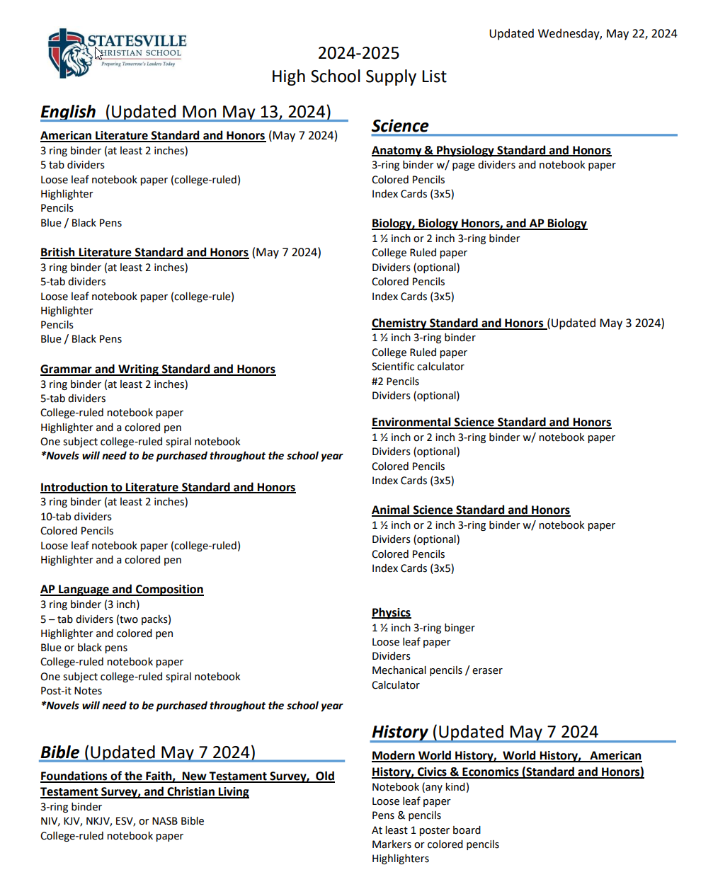20242025 High School Supply List Statesville Christian School